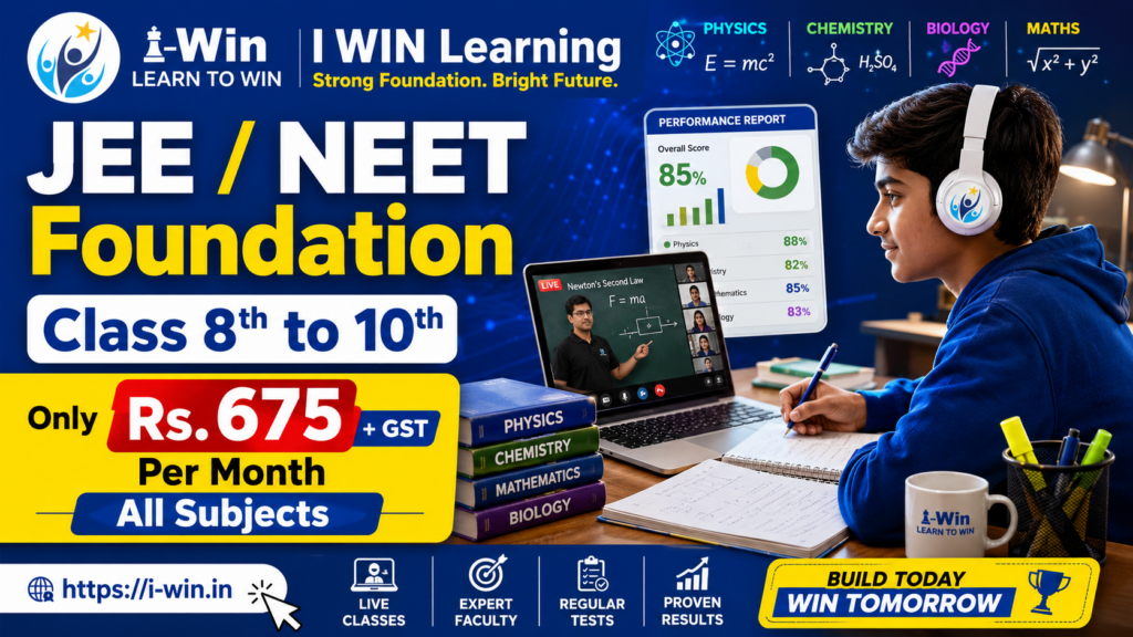 Join I WIN Learning for JEE and NEET foundation coaching for Class 8th to 10th Classes. Live online classes, recorded classes, portal access, weekly tests, doubt clarification and all subjects coaching at only Rs.675 + GST per month.
